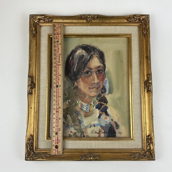 Native American Woman Watercolor Painting Morning Gloria 1981 Sign Mia Tschampel - Picture 8 of 8